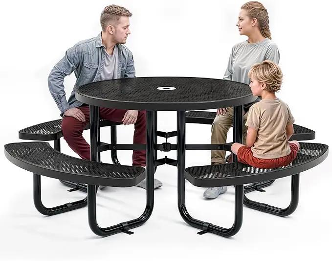 Metal Picnic Tables for Outdoors with Umbrella Hole - Coated Steel Heavy Duty Commercial Grade Table with Adjustable Seats (Black, 46 in, Round, Expanded Steel) by GreenHaven Gardens