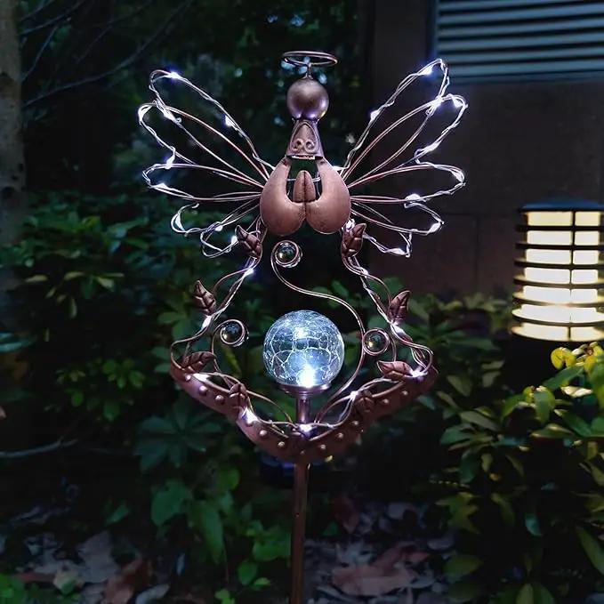 Solar Angel Outdoor Lights Garden Stake - Metal Angel Crackle Glass Ball Solar Light- Waterproof 31 White LED for Garden Lawn Patio or Courtyard Decor（Bronze） by GreenHaven Gardens