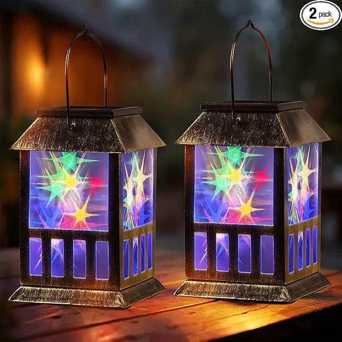 Solar Lanterns Outdoor Waterproof, 3D Star Lantern Light with Flashing Mode, Solar & USB C Charging, Metal Hanging Lantern for Wall Landscape Yard Patio Garden Driveway, RGB Light 2 Pack by GreenHaven Gardens