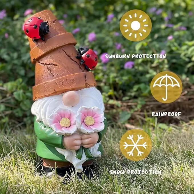 Garden Gnome Statues Outdoor Decor, Solar Gnomes with LED Lighted Flowers, Solar Resin Outdoor Statue Sculpture, for Woman Gift Home and Garden Decor by GreenHaven Gardens