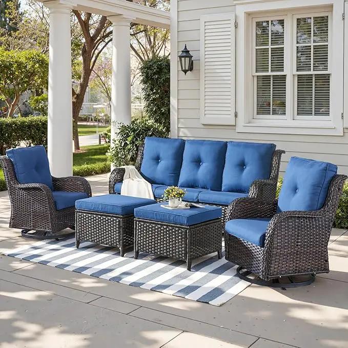 Outdoor Wicker Patio Furniture Set - 5 Piece Rattan Patio Conversation Set with 2 Rocking Swivel Chairs,2 Ottomans and 1 Sofa for Porch Deck Backyard Garden(Brown/Blue) by GreenHaven Gardens
