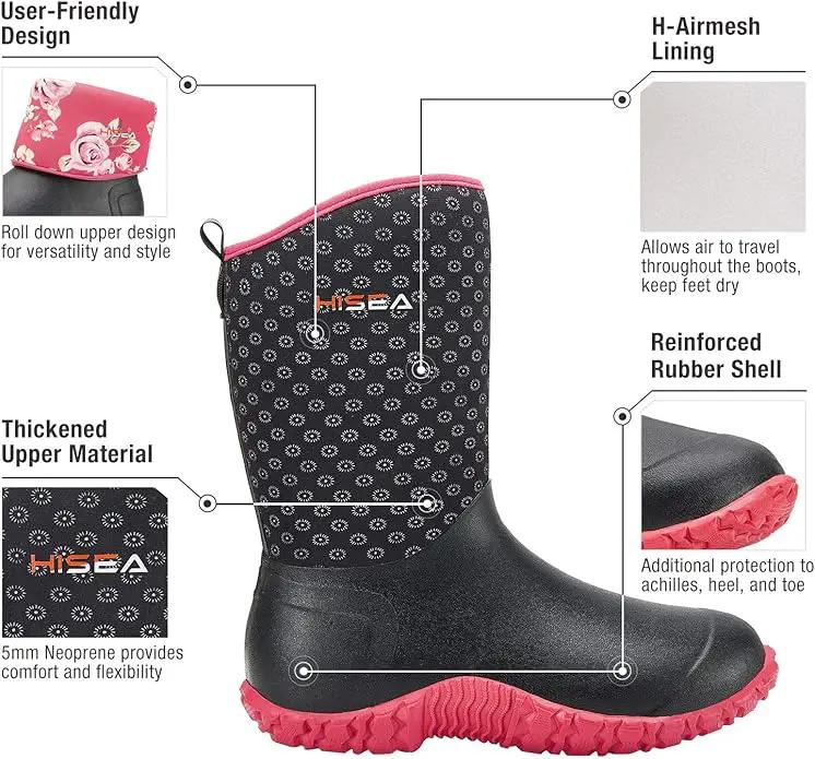 HISEA Women's Rubber Garden Boots Waterproof Insulated Yard Gardening Shoes Mid Height for Mud Working Outdoor