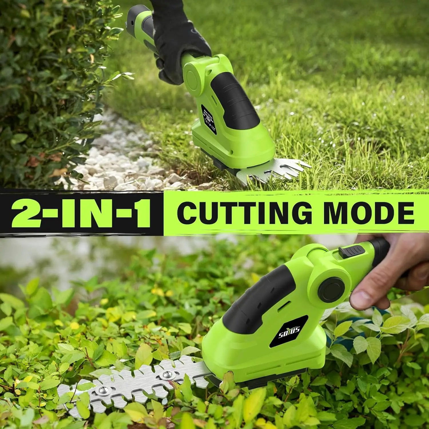SOYUS Cordless Hedge Trimmer, 2 in 1 Electric Hedge Trimmers & Grass Shears, 7.2V Lightweight Shrub Trimmer Cordless with Battery and Charger, Ideal for Garden, Yard and Lawn - Green by GreenHaven Gardens