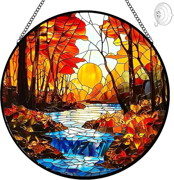 Sunset Suncatcher Stained Glass Window Hanging - Sun Catchers Indoor Window Decorations with Tree and River - Sunset Scenery Window hangings with Hooks - Valentines Day Gifts for Him Her Women Men by GreenHaven Gardens