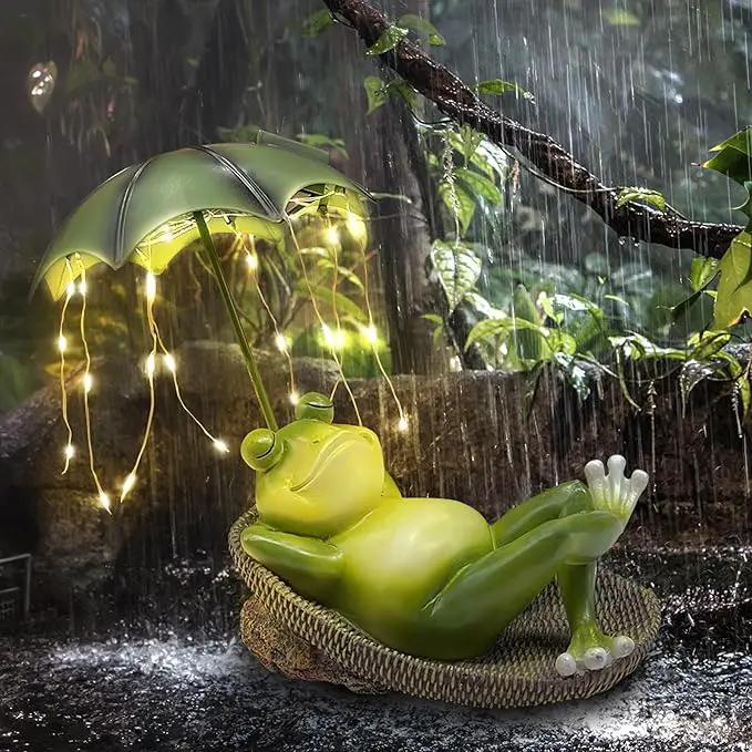 Frogs Garden Outdoor Decor Statue - Solar Frog Umbrella Pond Statues LED Waterproof, Resin Cute Animal Sculpture Lights, Ideal Ornament for Yard Lawn Patio, Women/Gardening Decoration Gifts by GreenHaven Gardens