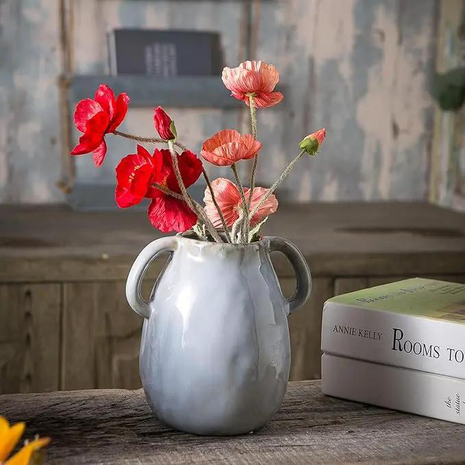 Gray Ceramic Vase with 2 Handles, Modern Farmhouse Decor, Rustic Terracotta Pottery, Decorative Flower Vases, Clay Small Vase, Centerpiece for Dining Table - 7 Inch Tall by GreenHaven Gardens