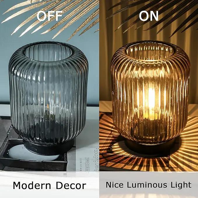 Battery Operated Lamp, Cordless Table Lamps Battery Powered Bedside Small Lamp with LED Bulb, Decorative Glass Lamp for Bedroom Living Room Home Decor-Light Grey by GreenHaven Gardens