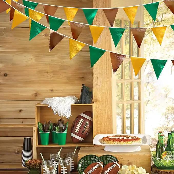 Green Gold Brown Metallic Fabric Triangle Pennant Banner Flag Bunting Garland for Football Jungle Safari Wild Woodland Birthday Baby Shower Wedding Bachelorette Graduations Party Decorations Supplies by GreenHaven Gardens