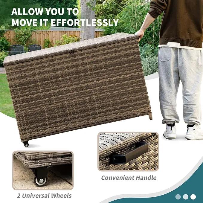 178 Gallon Outdoor Storage Box, Patio Deck Box with 2 Wheels, Handle Large Portable Wicker Rattan Deck Box for Patio Furniture Cushions, Throw Pillows, Garden Tools and Pool Floats (Gray) by GreenHaven Gardens