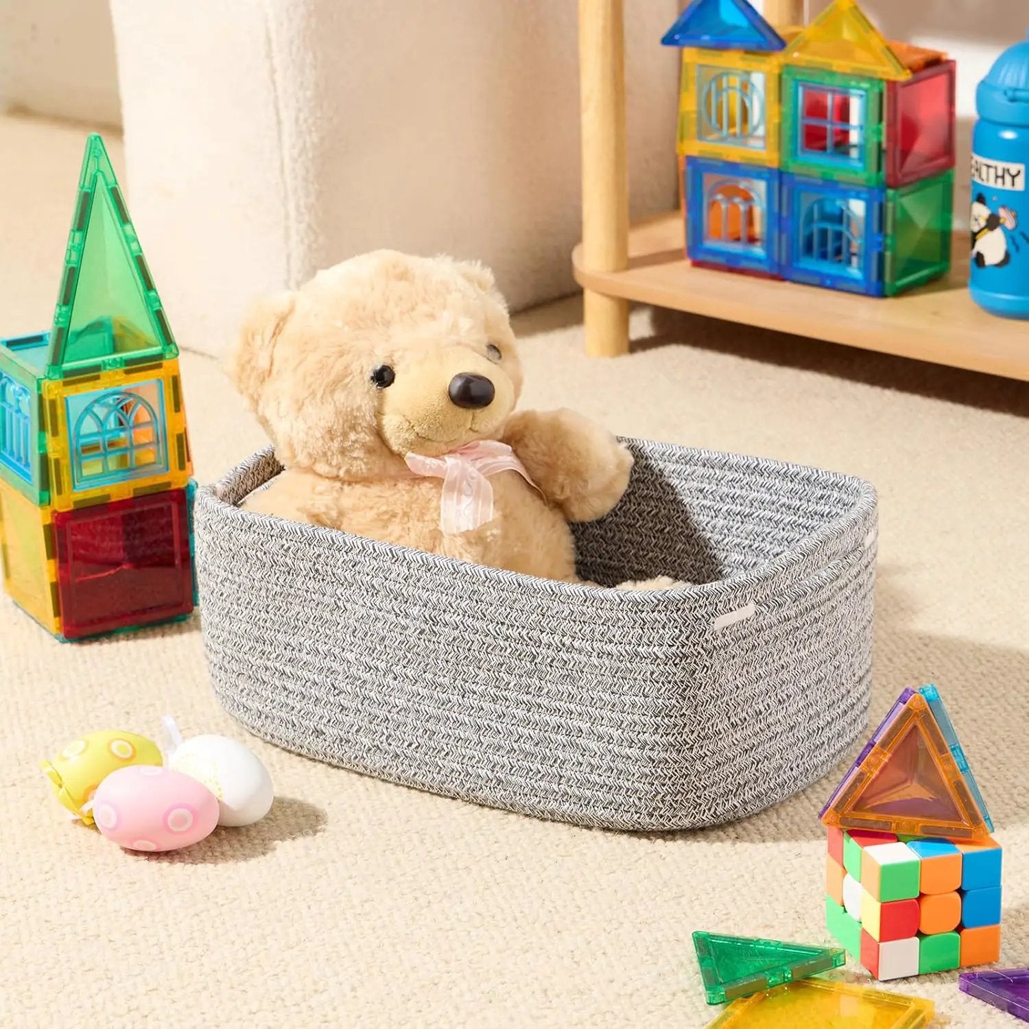Small Storage Baskets for Organizing | Closet Organizer Bins | Shelf Toy Basket | Woven Rope Baskets | Cube Decorative Box | Shallow Basket | 13x8.5x5.1” | 4 Packs Mixed Grey by GreenHaven Gardens
