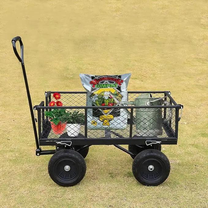 BILT HARD 10" Flat Free Tires Heavy Duty Garden Cart with 180° Rotating Handle and Removable Sides, 4 Cu.Ft 400 lbs Capacity Utility Steel Wagons for Outdoor by GreenHaven Gardens