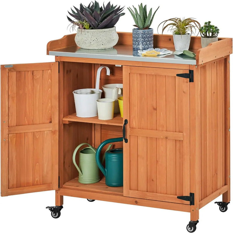 Yaheetech Garden Potting Bench Table - Outdoor Garden Patio Wooden Storage Cabinet & Solid Wood Planting Work Bench with Large Space Storage & Metal-Plated Tabletop, Brown by GreenHaven Gardens