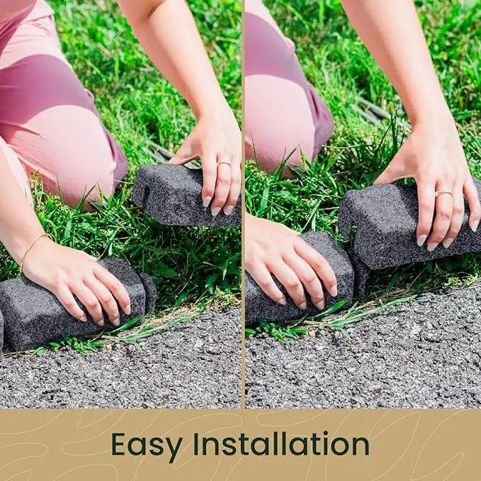 Beuta Landscape Edging | Garden Edging Border | Faux Stone Bricks for Lawn edging, Flower beds, Pathways & Yard Edging– 4 Packs | Each Section Has 6 Bricks 48"L x 4"W x 2.25"H | 12 Spikes |Charcoal by GreenHaven Gardens