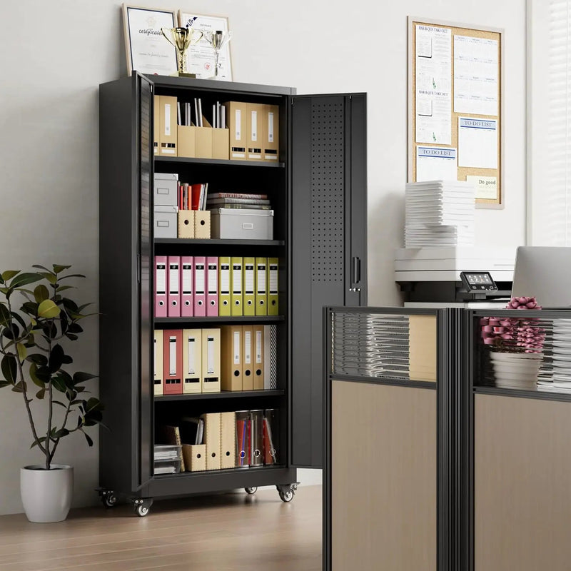 73" H Metal Garage Storage Cabinet with Wheels & Pegboard,Rolling Tool Cabinet with 2 Doors and 4 Shelves for Garage,Home,Office,Warehouse,Workshop, Required-Assembly,Black by GreenHaven Gardens
