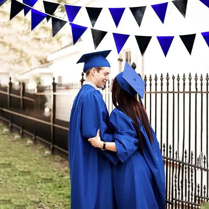 Royal Blue Black Party Decorations Navy Black Metallic Fabric Triangle Pennant Banner Flag Bunting Garland for Graduations Birthday Retirement Wedding Bachelorette Nautical Outdoor Party Supplies by GreenHaven Gardens