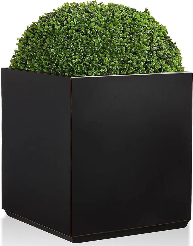 Metallic Heavy Cube Planter Box, No Assemble, Seamless Large Square Planter for Trees, Plants and Flowers 21”Lx21”Wx24”H 35Pounds Black with Hand Brushed Gold Rim by GreenHaven Gardens