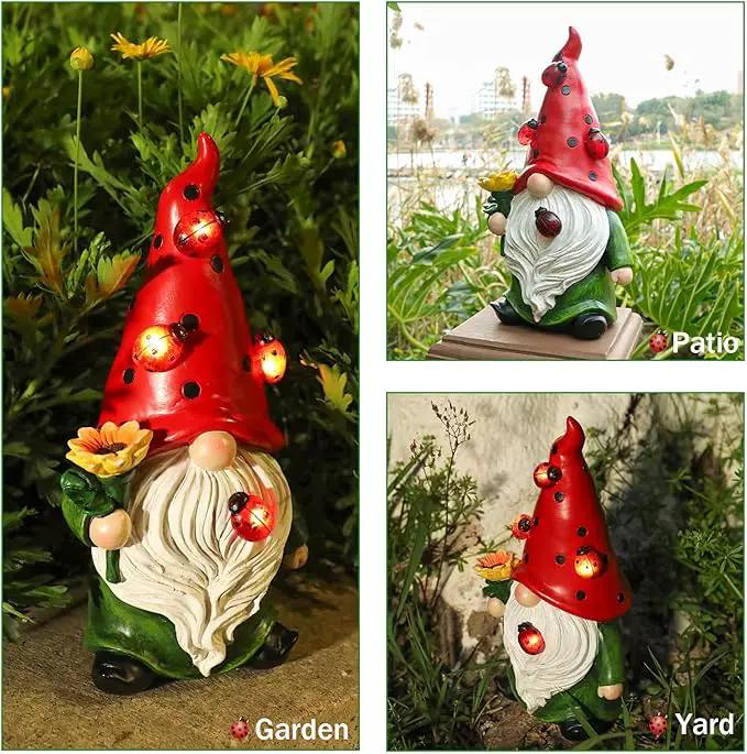 Garden Gnome Statue, Resin Sunflower Ladybug Gnome Figurine with Solar Lights for Porch Patio Yard Outdoor Decor by GreenHaven Gardens