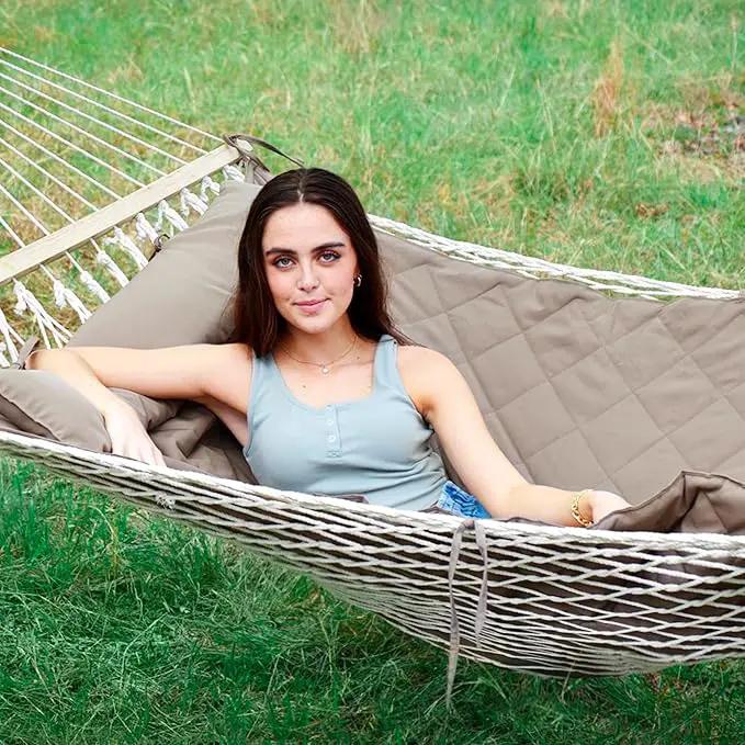 ANOW 2 Person Hammock with Spreader Bars, Rope Hammock with Pad for Outside, 450 LBS Weight Capacity, Light Brown by GreenHaven Gardens