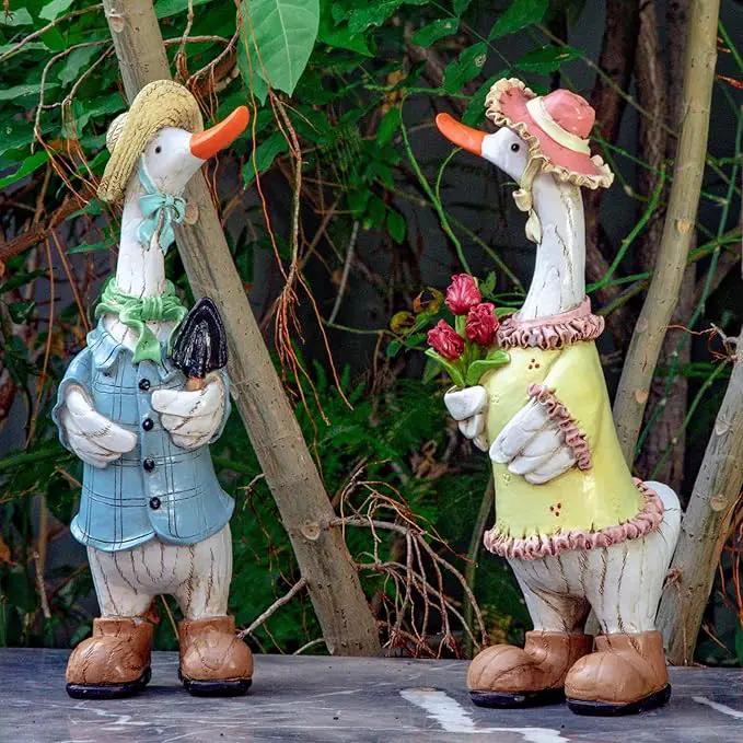 Garden Statues Couple Duck, Funny Cartoon Duck Garden Statues Indoor Outdoor Decorations Cute Ducks Art Décor Goose for Yard Home Garden Patio and Office (2- Pack) by GreenHaven Gardens