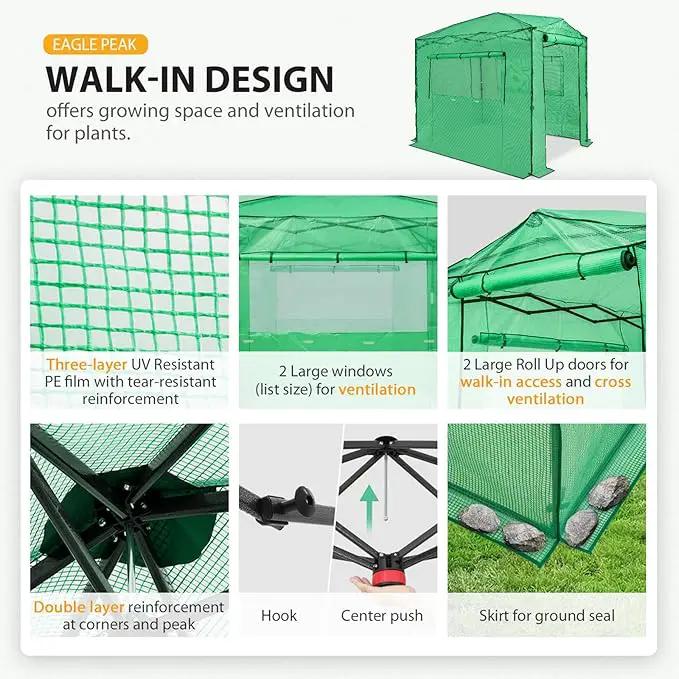 EAGLE PEAK 8x6 Portable Walk-in Greenhouse, Pop-up Indoor Outdoor Garden Green House, Zippered Doors and Windows, PE Cover, Green by GreenHaven Gardens