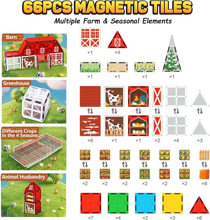 Magnetic Tiles Farm Animal Toys 66P - Build 4-Seasons Farm Scene, Farm Magnetic Blocks for Kids Ages 3-5 4-8 Boys Girls, STEM Magnet Toys for Classroom Indoor Outdoor, Kids Gift for Birthday Christmas by GreenHaven Gardens
