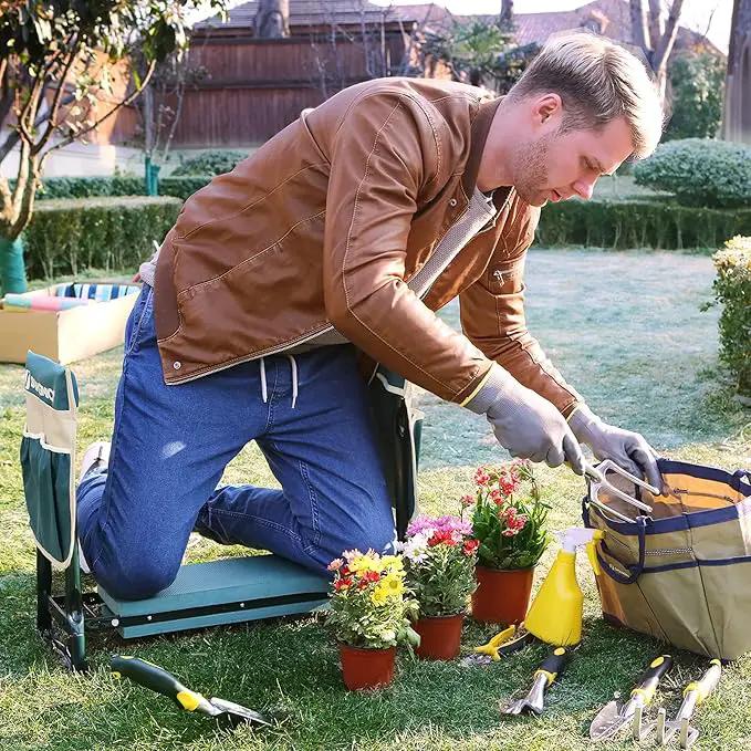 SONGMICS Garden Kneeler and Seat, Multifunctional Garden Kneeling Bench, Gardening Gifts for Women Men, Folding Gardening Stool, with 2 Tool Bags, 6-Inch Wide Kneeling Pad, Dark Green UGGK50L by GreenHaven Gardens