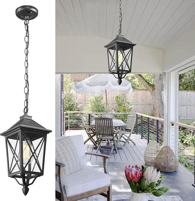 Darkaway Outdoor Pendant Light Fixture, Outdoor Hanging Porch Light with Seeded Glass, Anti-Rust Waterproof Aluminum E26 Socket Lighting for Porch Entryway Doorway by GreenHaven Gardens