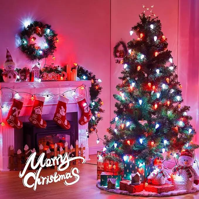 Brightown C9 LED Christmas String Lights, 66ft 100 LED Waterproof Strawberry String Lights, Plug-in Extendable Green Wire Lights String for Outdoor Outside Patio Party Decoration, Red and White by GreenHaven Gardens
