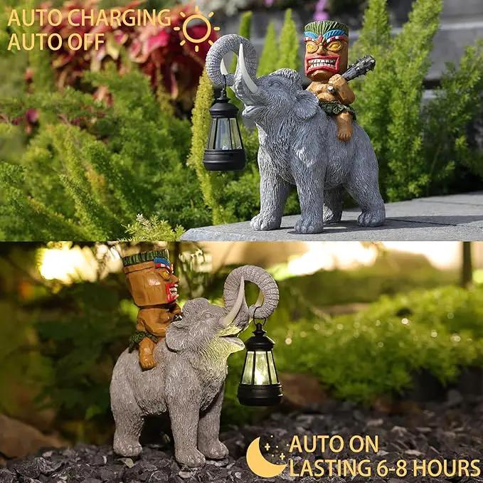 Solar Tiki Statue-Outdoor Statues-Tiki Bar Decor-Solar Powered Light Garden Figurine Tiki Decoration for Bar,Patio,Balcony,Yard,Lawn,Table,Riding A Elephant 9.09 Inches Tall by GreenHaven Gardens