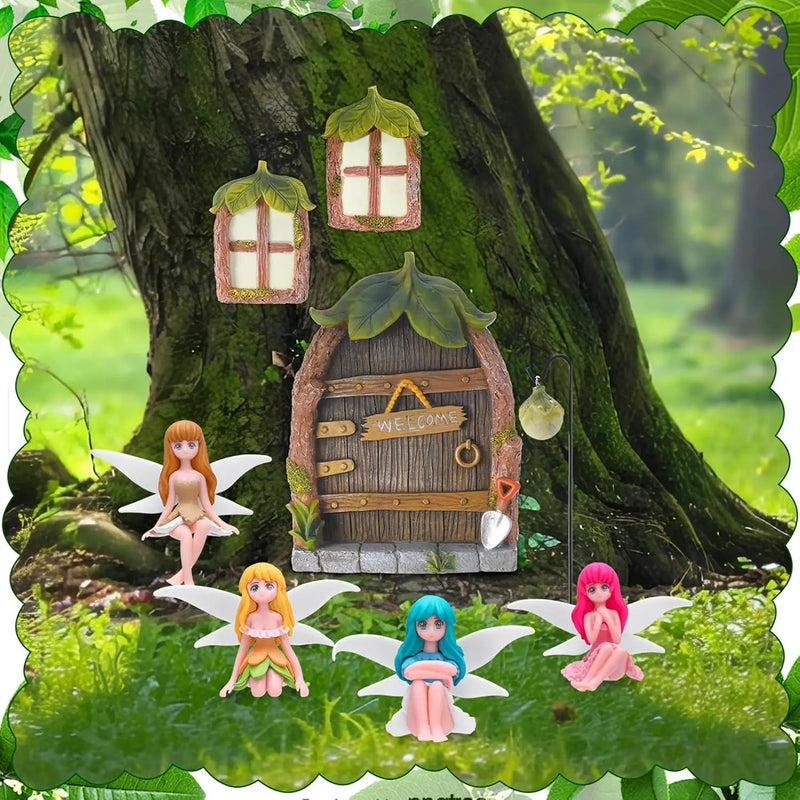 Glowing Miniature Fairy Garden Accessories, 4-Piece Miniature Fairy Figurines Glow in The Dark Fairy Door and Windows for Trees Set, Resin Light Up Sculpture Kit for Outdoor & Indoor Gardens by GreenHaven Gardens