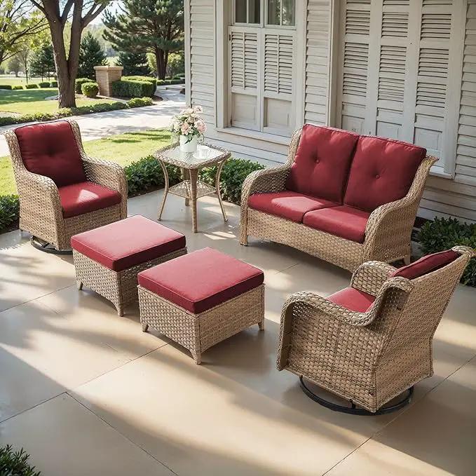 Outdoor Wicker Patio Furniture Set - 6 Piece Rattan Patio Conversation Set with 2 Rocking Swivel Chairs,2 Ottomans,1 Loveseat and 1 Side Table for Porch Deck Backyard Garden(Yellow/Red) by GreenHaven Gardens