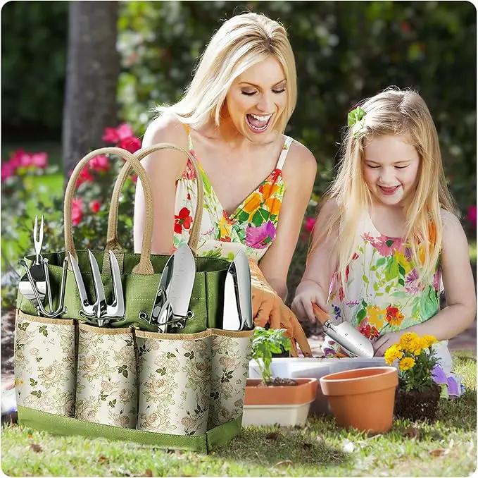 Gardening Tools 9-Piece Heavy Duty Gardening Hand Tools with Fashion and Durable Garden Tools Organizer Handbag,Rust-Proof Garden Tool Set, Ideal Gardening Gifts for Women by GreenHaven Gardens