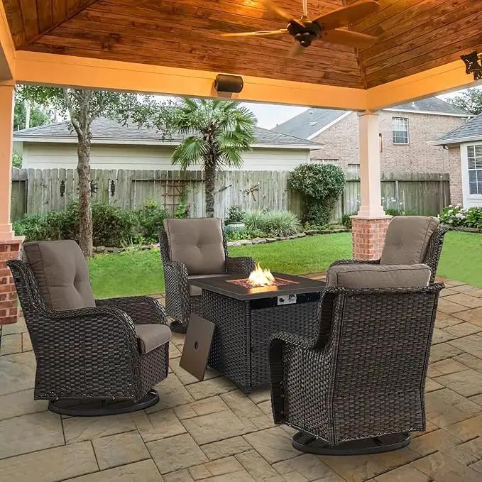 5 Pieces Patio Wicker Furniture Set - 4 Outdoor Swivel Rocker Glider Chairs with Propane Fire Pit Table, Warm Patio Conversation Set Grey Cushion Perfect for Casual Gathering by GreenHaven Gardens