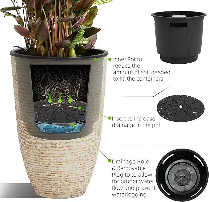 WORTH Garden 2-Pack 21" H. Beige Tall Planters with Inside Pots - 14'' Dia Plastic Large Round Plant Tree Pots - Decorative Imitation Stone Finish for Indoor Outdoor Front Porch Container Patio by GreenHaven Gardens