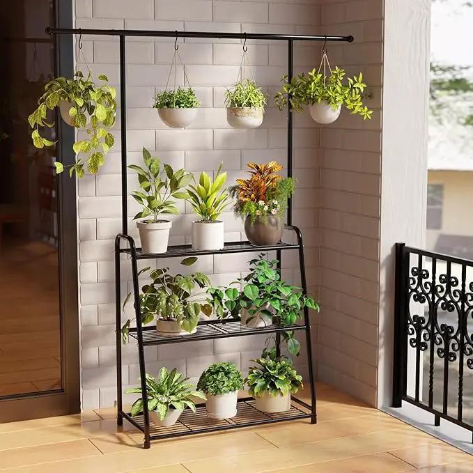 3-Tier Heavy-Duty Metal Plant Stand for Indoor and Outdoor Use, Hanging Plant Shelf for Multiple Flower Planter Holder, Tall Large Rack Ideal for Living Room, Garden, Balcony, Black by GreenHaven Gardens