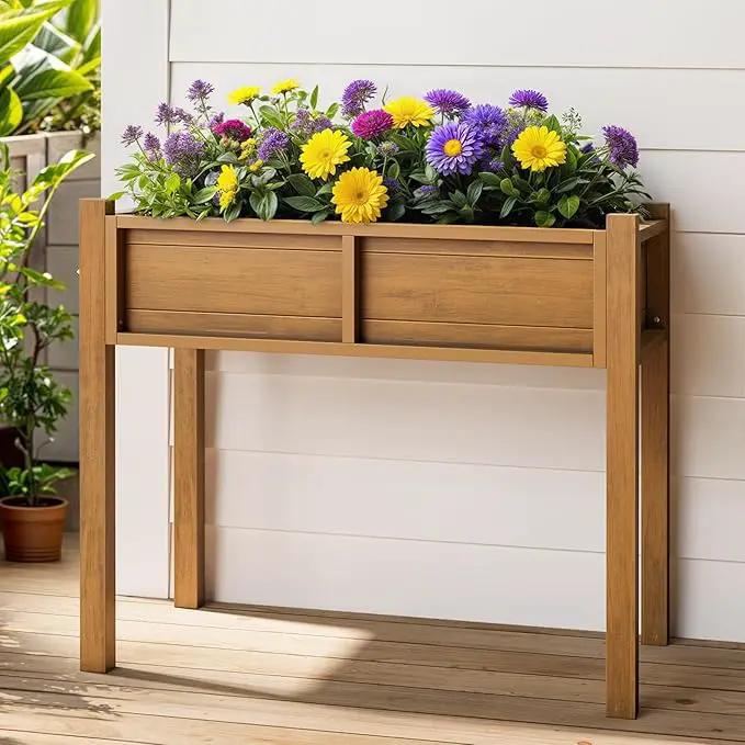 YITAHOME Raised Garden Bed, HIPS Poly Wood Elevated Planter Box with Legs and Drainage Hole, Small Flower Box Stand for Patio Balcony Garden Backyard, Teak by GreenHaven Gardens