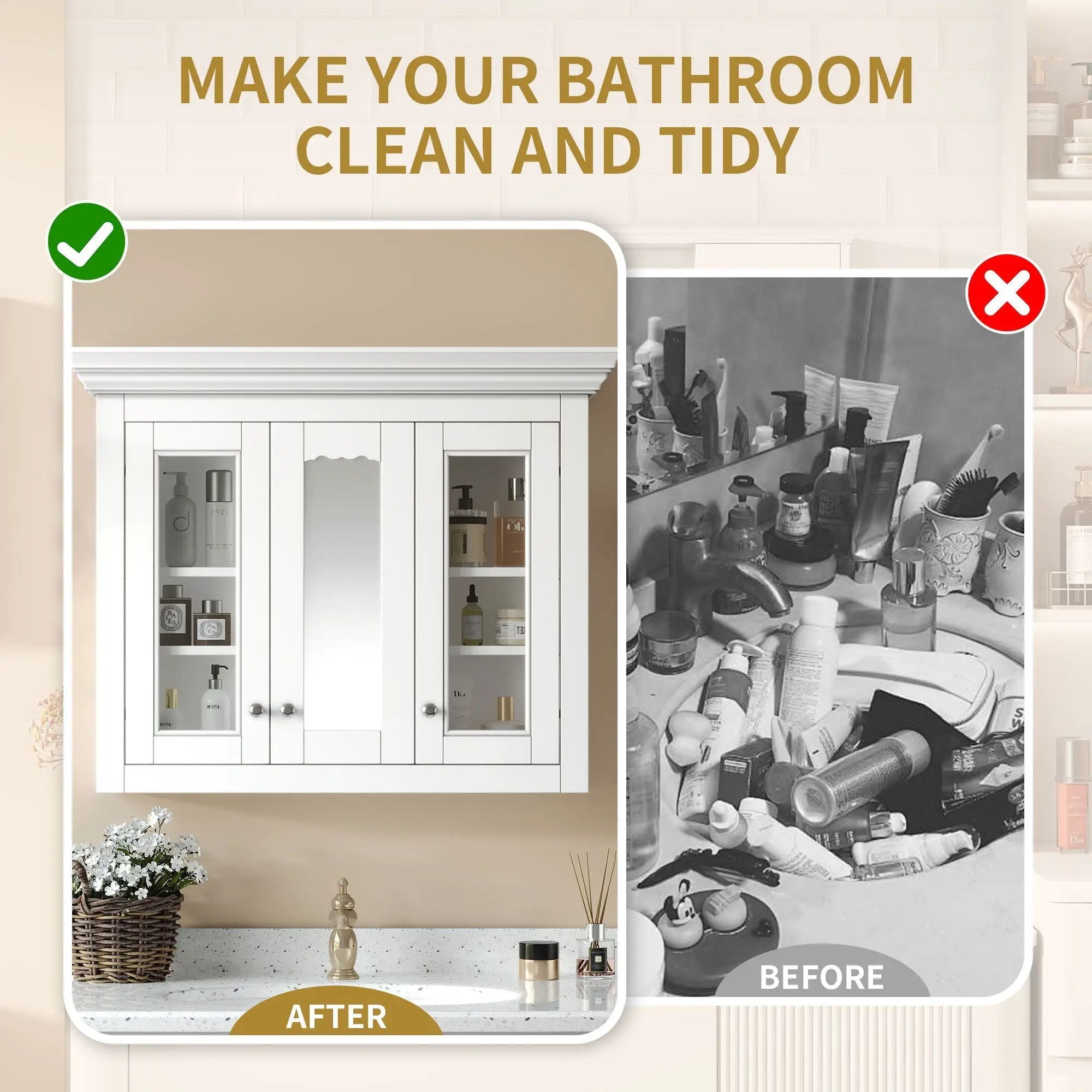Bathroom Medicine Cabinet With Mirror, 5 Adjustable Closed Shelves, Wall-Mounted - White by Unique Piece Furniture