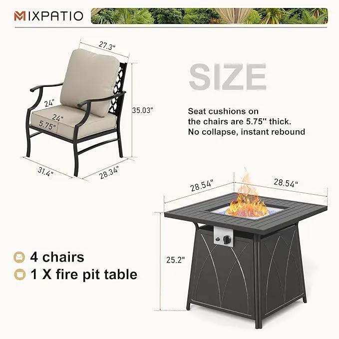 Patio Furniture Set with Fire Pit Table, 5 Pcs Metal Outdoor Conversation Set, 4 Single Chairs with 5.75" Extra Thick Cushion and 28" Fire Pit Table for Backyard Deck, Beige by GreenHaven Gardens