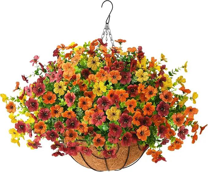 Artificial Fake Hanging Plants Flowers Basket, Faux Silk Daisy in Planter Realistic UV Resistant for Outside Home Patio Balcony Yard Spring Outdoor Decoration (Orange Brown Yellow) by GreenHaven Gardens