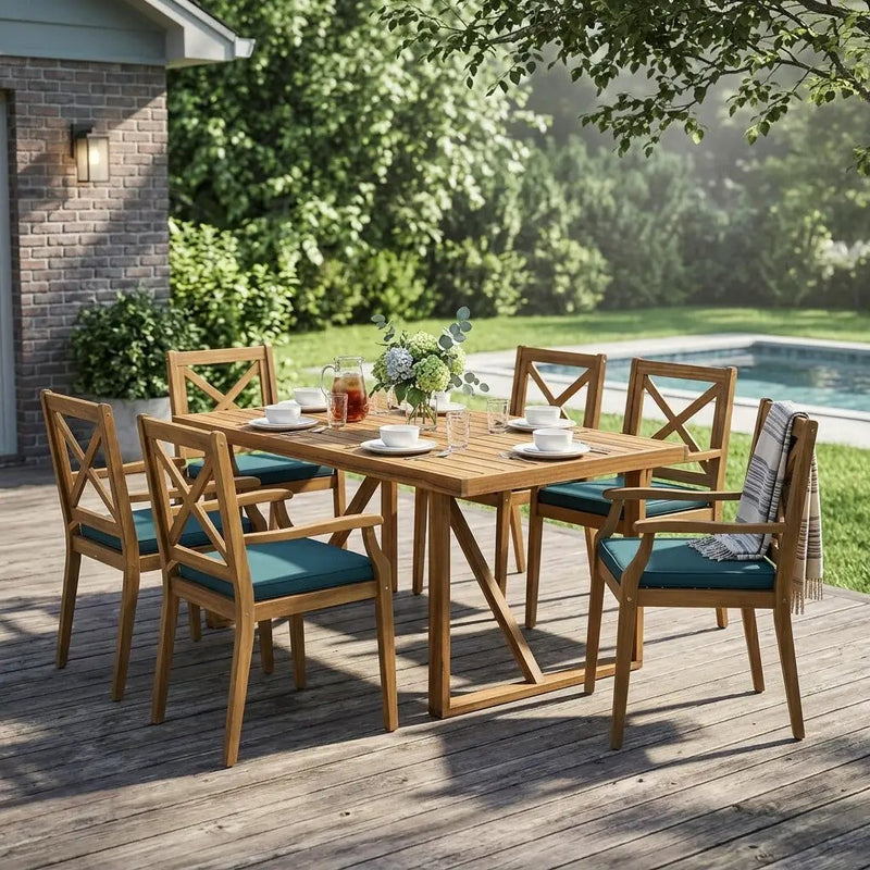 7 Pieces Acacia Wood Outdoor Dining Set with Blue Cushions by HouseOfZazla