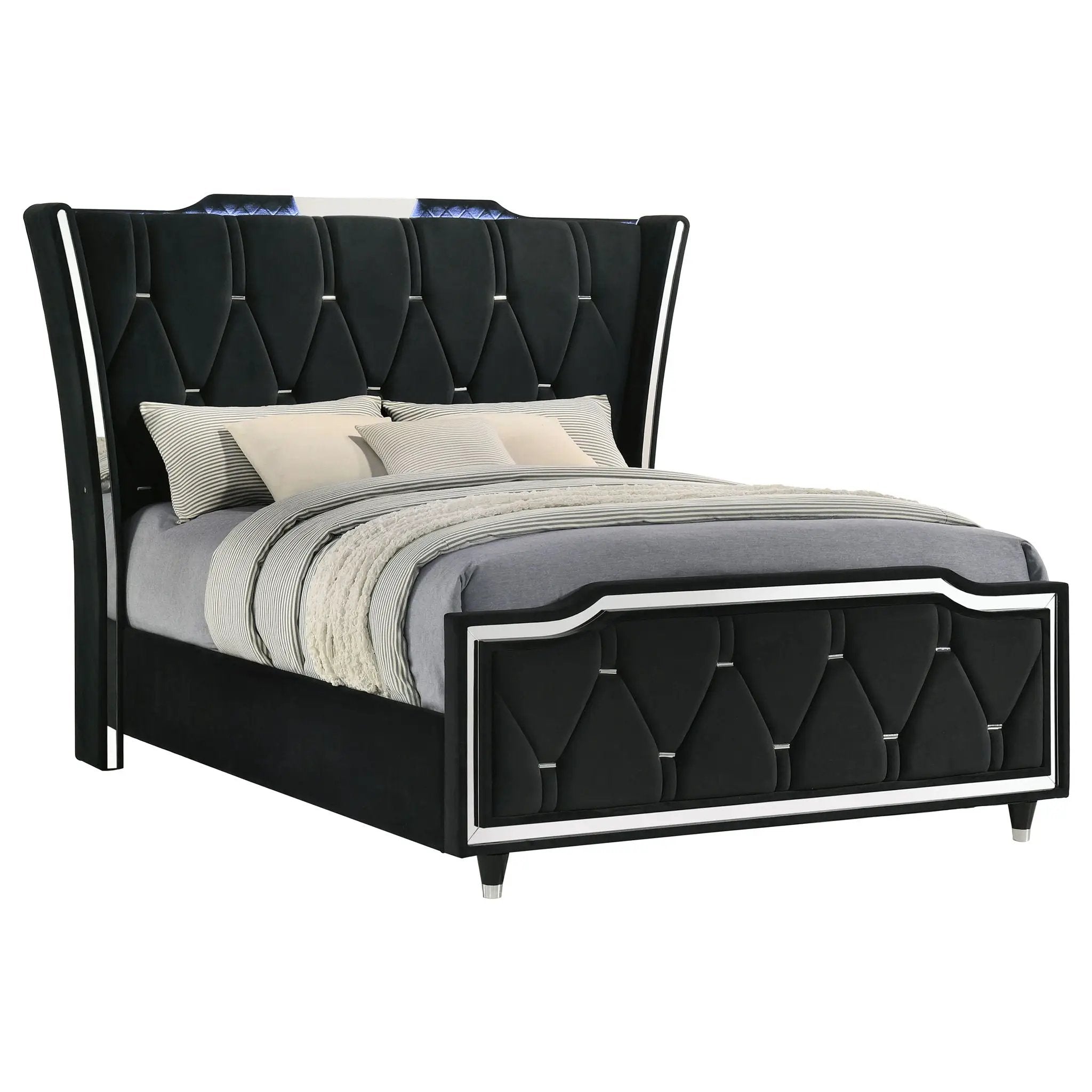 Lorient Queen LED Upholstered Wingback Bed Black by Unique Piece Furniture