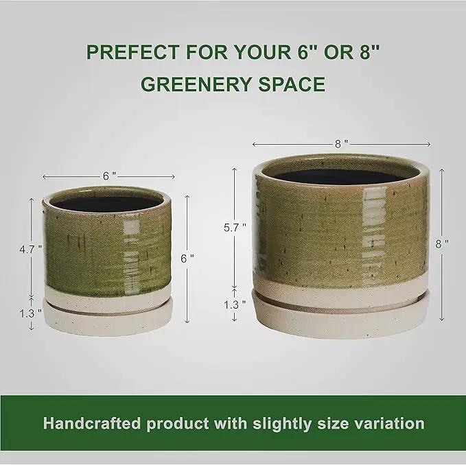 6 + 8 Inch Plant Pots, Ceramic Planter Pot with Drainage Hole & Saucer, Indoor/Outdoor Cylinder Round Planter Pot, Green by GreenHaven Gardens