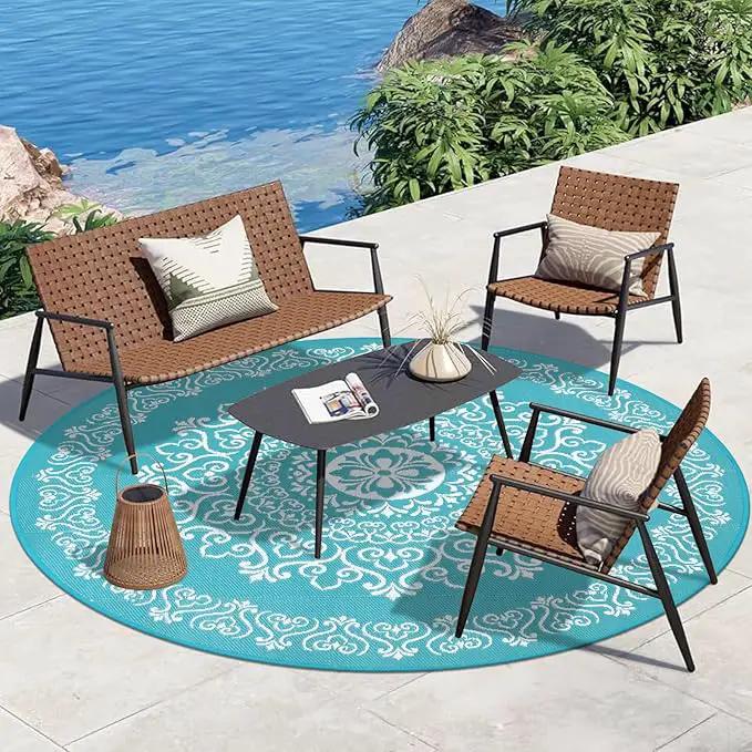Pauwer Waterproof Outdoor Rug 8ft, Reversible Plastic Straw Patio Camping Rug, Indoor Outdoor RV Mat Carpet for Deck, Camper, Porch, Balcony, Backyard, Picnic, Floral Teal by GreenHaven Gardens