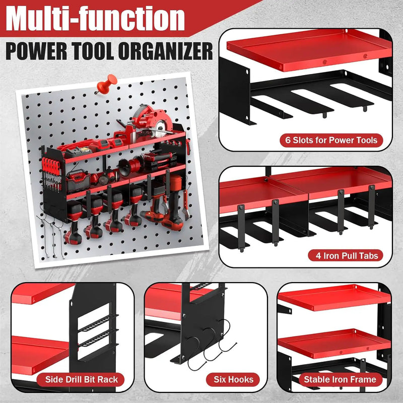 Power Tool Organizer Wall Mount with 6 Drill Holders, Heavy Duty Metal Utility Racks with Large Top Shelf & Side Hooks, Efficient and Organized Storage for Garage, Workshop, Shed, Pegboard by GreenHaven Gardens