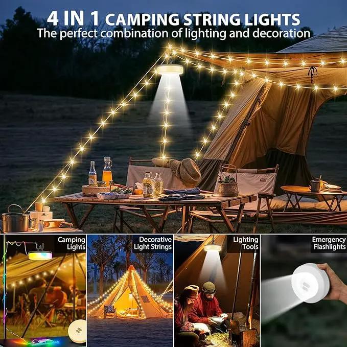 Camping String Lights, 4 in 1 Quick Storage Camping Essentials Gear 32.8FT Rechargeable Tent Lights with 9 Modes Hanging Waterproof LED Camp Lamp for Camping Hiking Patio Garden Festival -Warm +RGB by GreenHaven Gardens