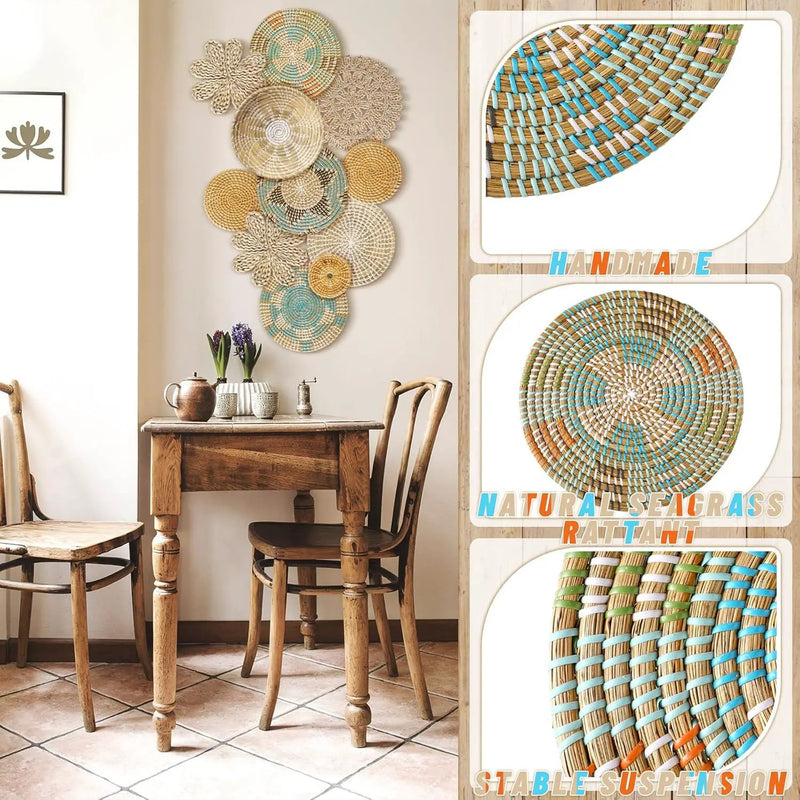 Xuhal 11 Pcs Boho Hanging Wall Basket Decor Handmade Woven Basket Wall Decorative Boho Wicker Baskets Placemats Round Farmhouse Bulrush Art for Rustic Home Decorations Christmas Gift(Bright) by GreenHaven Gardens