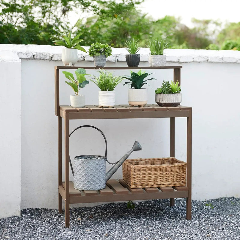 Psilvam Outdoor Poly Lumber Potting Bench, Polystyrene Garden Table with Storage Shelves, All-Weather Patio Work Station for Gardening(Brown) by GreenHaven Gardens