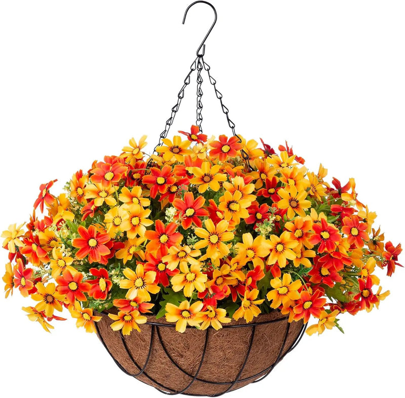 Artificial Silk Flowers Hanging Baskets Outdoors,Chrysanthemum with Eucalyptus Leaves Arrangement for Garden Yard Decor,Faux Plant in Metal Coconut Lining Flowerpot(Orange) by GreenHaven Gardens