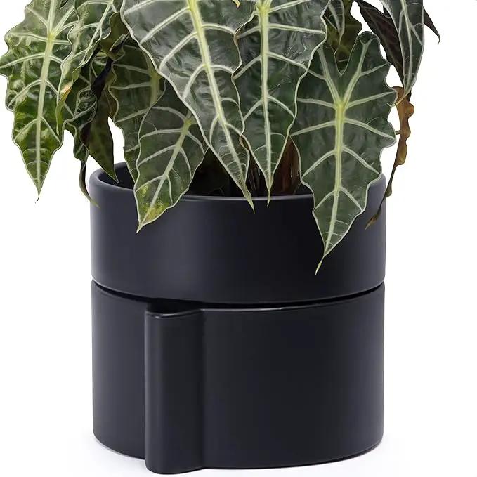 Phoenix Vine 8 Inch Self-Watering Planter Pot with Terracotta Insert, Deep Water Reservoir, and Ceramic-Alike BPA-Free Plastic Planter Pot for Plant, Modern Planter for Houseplants, Black, 53-A-T-2 by GreenHaven Gardens