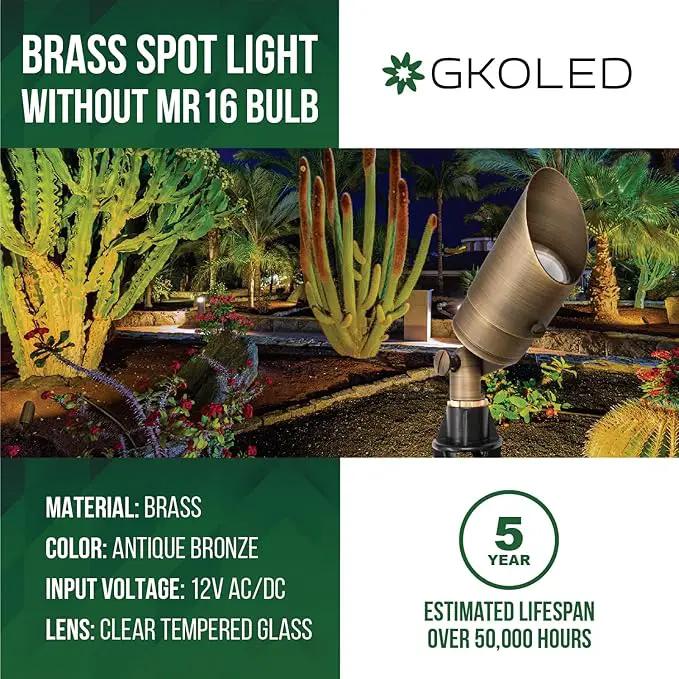 GKOLED 12V Brass Landscape Spotlight, LED Low Voltage Landscape Lighting, Outdoor Adjustable Lights for Yard Wall Lawn Tree Patio Garden, Waterproof Directional Up Light, No MR16 Bulb by GreenHaven Gardens